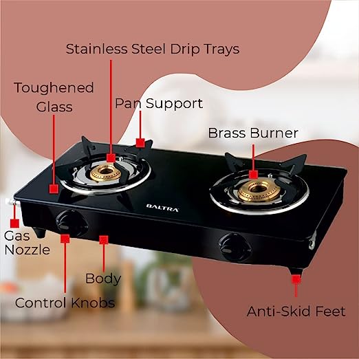 Baltra Glimmer Glass Top Gas Stove 2 Brass Burner Manual Ignition, Black (ISI Certified 2 year warranty with Doorstep Service) Baltra Glimmer Glass Top Gas Stove 2 Brass Burner Manual Ignition, Black (ISI Certified 2 year warranty with Doorstep Service)